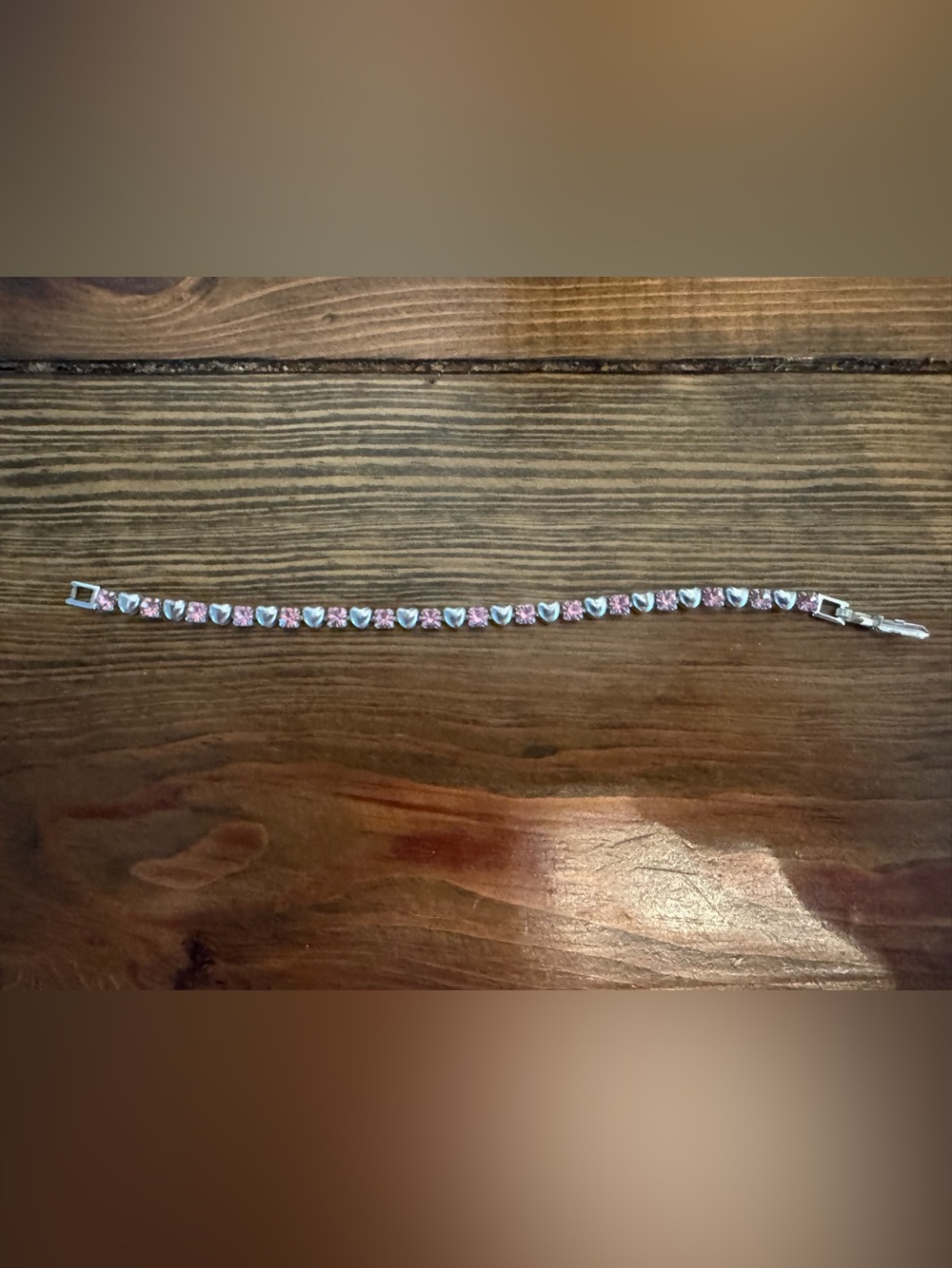 • Dainty Silver Tone Heart & Pink Rhinestone Tennis Bracelet
